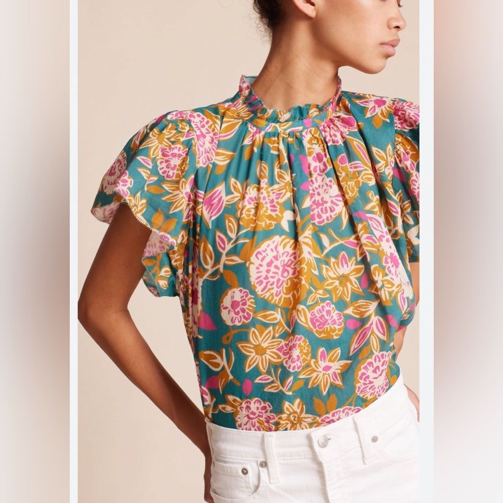 Trovata Carla Highneck Blouse, Teal Dahlia Size Medium